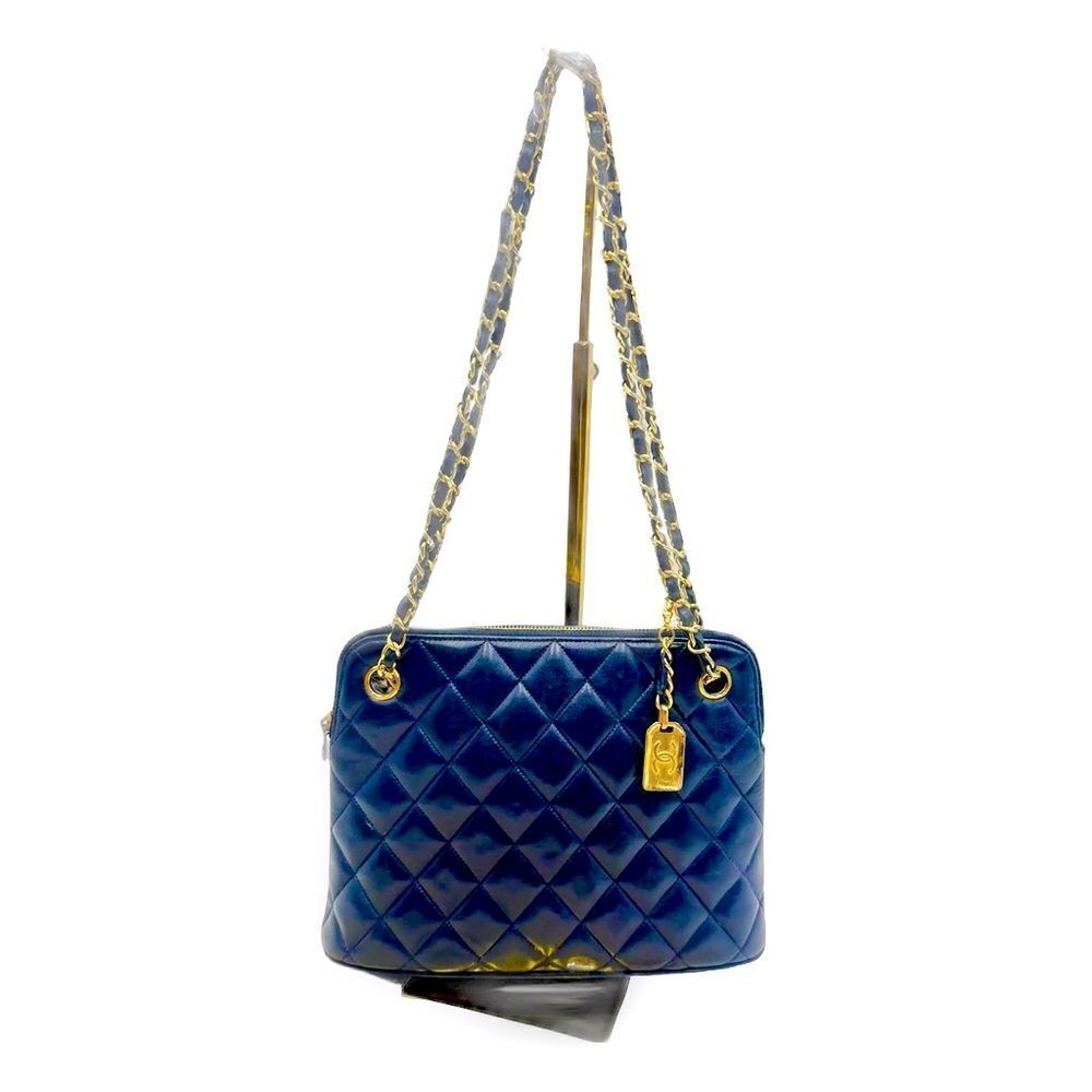 Auth Chanel Mademoiselle Navy Blue Polished Matelasse Quilted Shoulder Bag